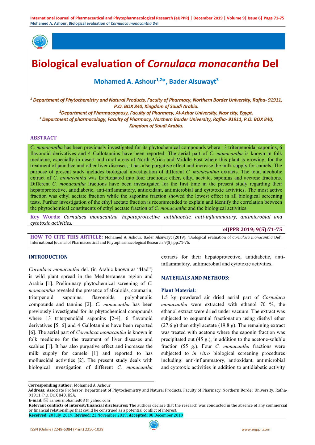 Biological Evaluation of Cornulaca Monacantha Del