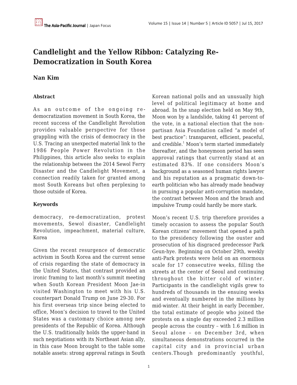 Candlelight and the Yellow Ribbon: Catalyzing Re- Democratization in South Korea