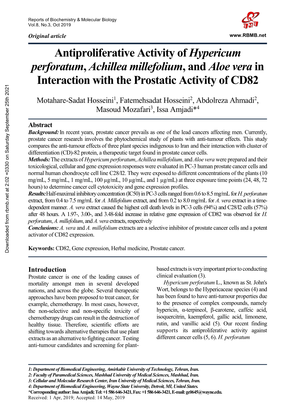 Antiproliferative Activity of Hypericum Perforatum, Achillea Millefolium, and Aloe Vera in Interaction with the Prostatic Activity of CD82