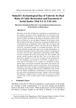 Malachi's Eschatological Day of Yahweh: Its Dual Roles of Cultic