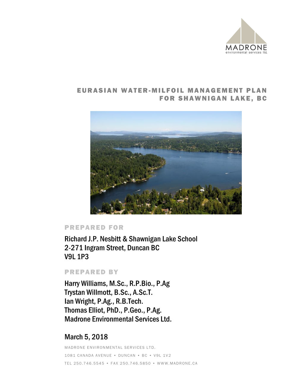 Eurasian Water-Milfoil Management Plan for Shawnigan Lake, Bc