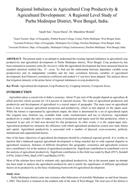 Regional Imbalance in Agricultural Crop Productivity & Agricultural Development: a Regional Level Study of Purba Medinipur District, West Bengal, India