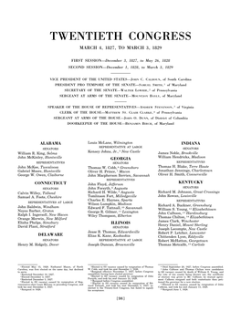 Twentieth Congress March 4, 1827, to March 3, 1829