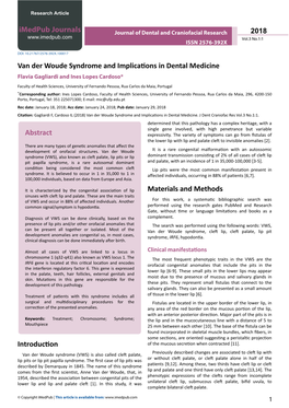 Van Der Woude Syndrome and Implications in Dental Medicine Flavia Gagliardi and Ines Lopes Cardoso*