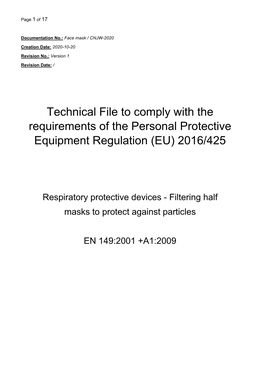 Technical File to Comply with the Requirements of the Personal Protective Equipment Regulation (EU) 2016/425