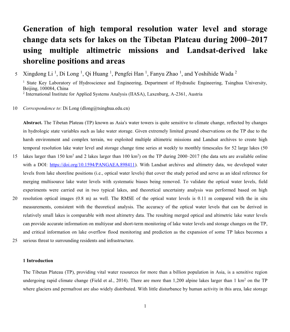 Generation of High Temporal Resolution Water Level and Storage Change Data Sets for Lakes on the Tibetan Plateau During 2000–2