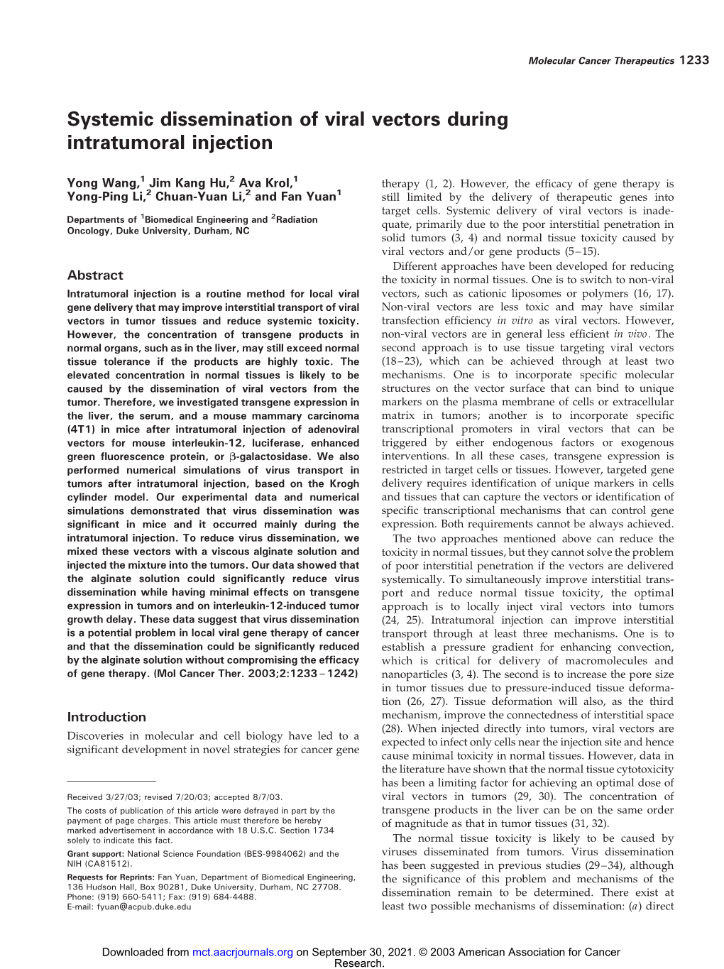 Systemic Dissemination of Viral Vectors During Intratumoral Injection