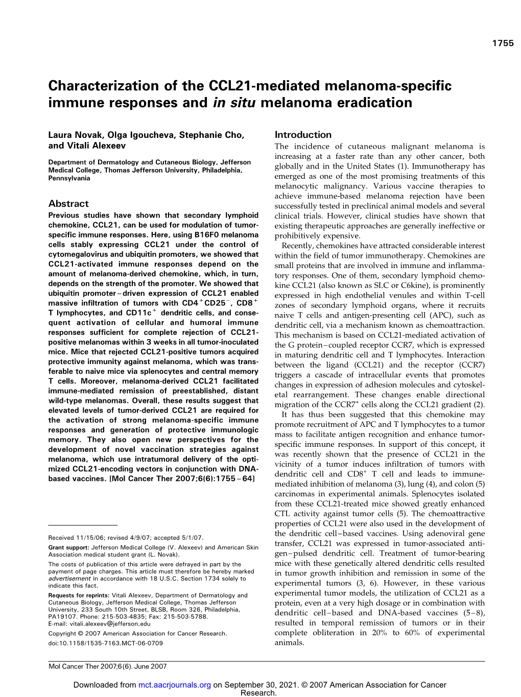 Characterization of the CCL21-Mediated Melanoma-Specific Immune Responses and in Situ Melanoma Eradication