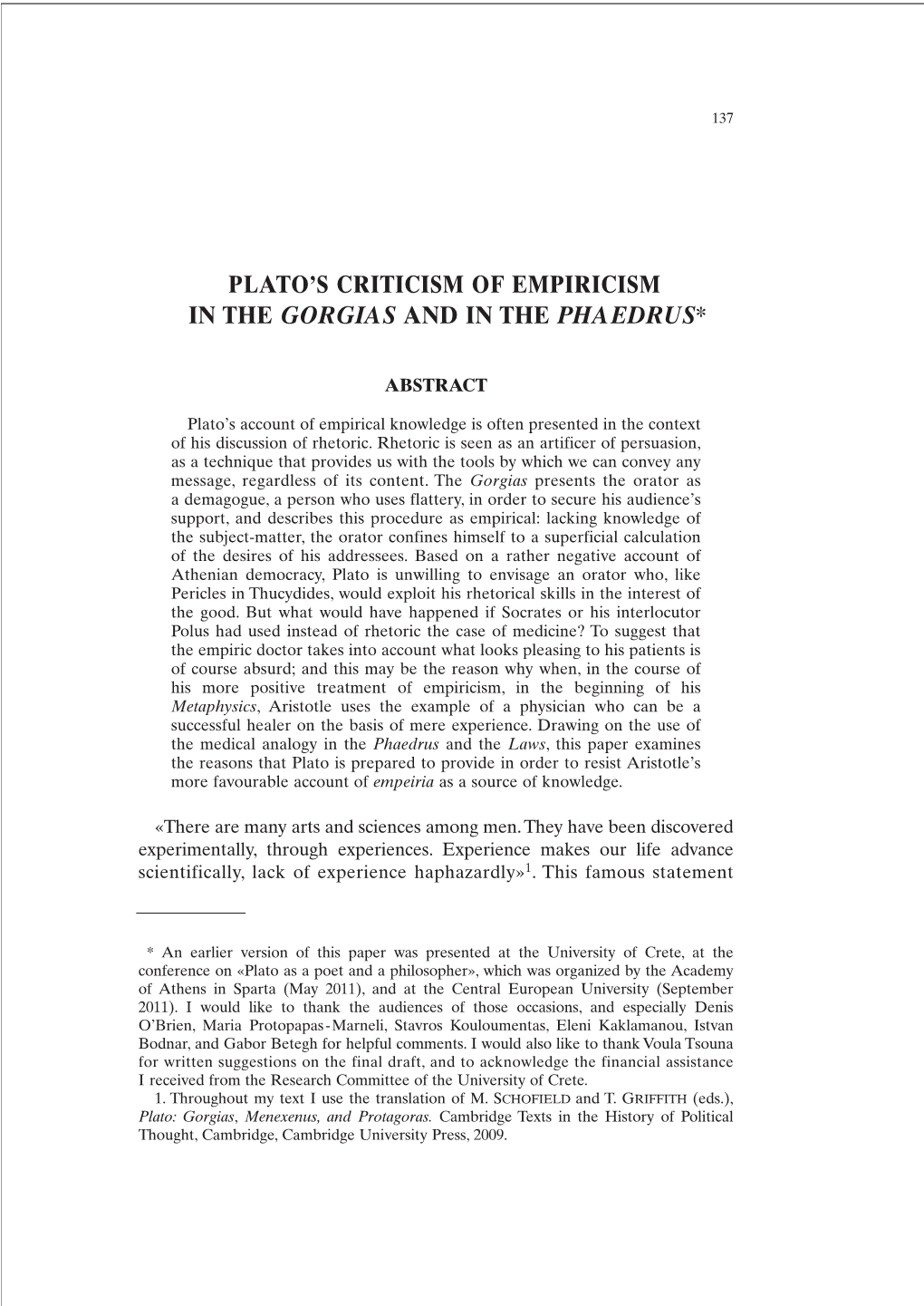 Plato's Criticism of Empiricism in the Gorgias and in the Phaedrus*