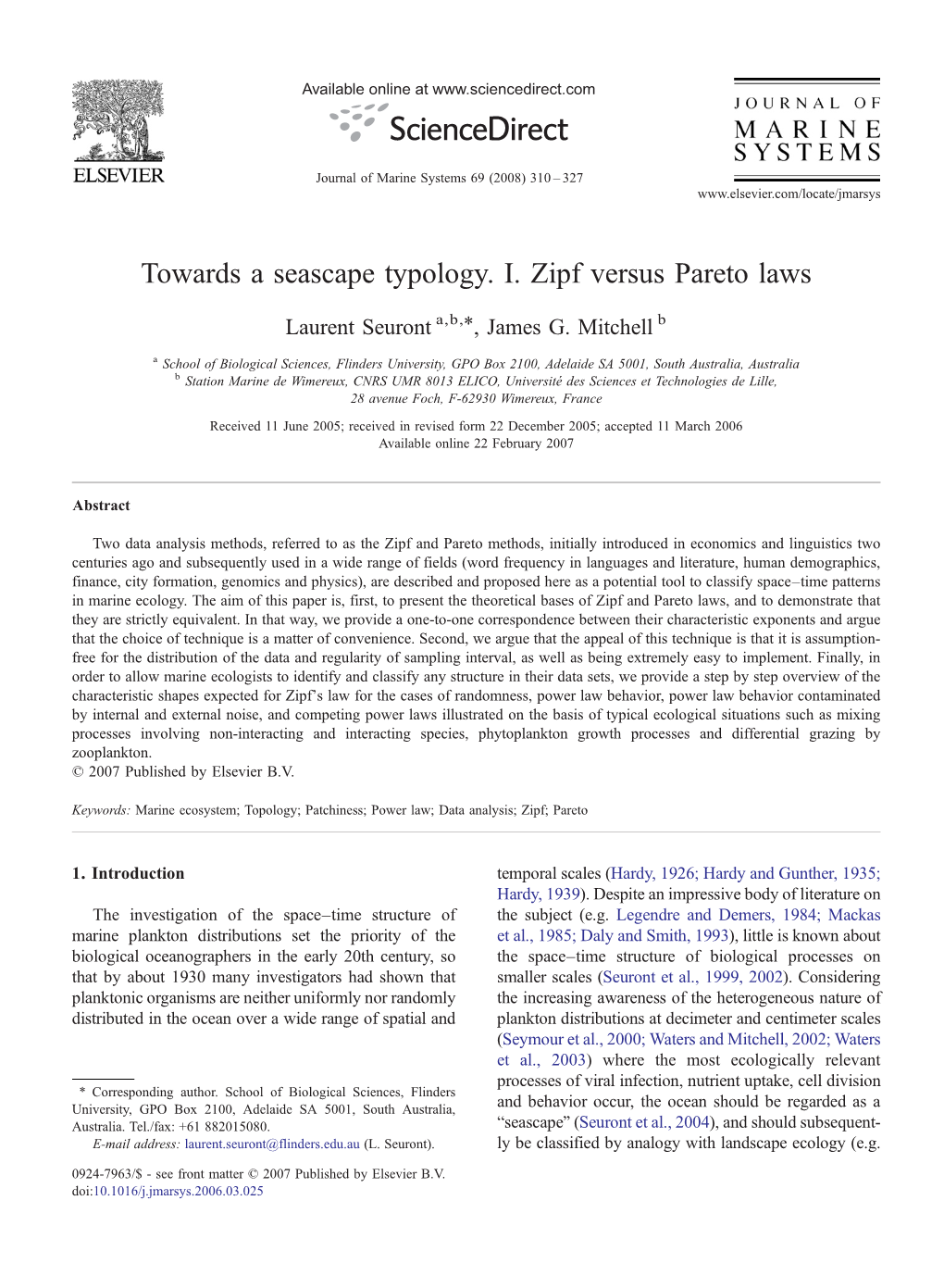 Towards a Seascape Typology. I. Zipf Versus Pareto Laws ⁎ Laurent Seuront A,B, , James G