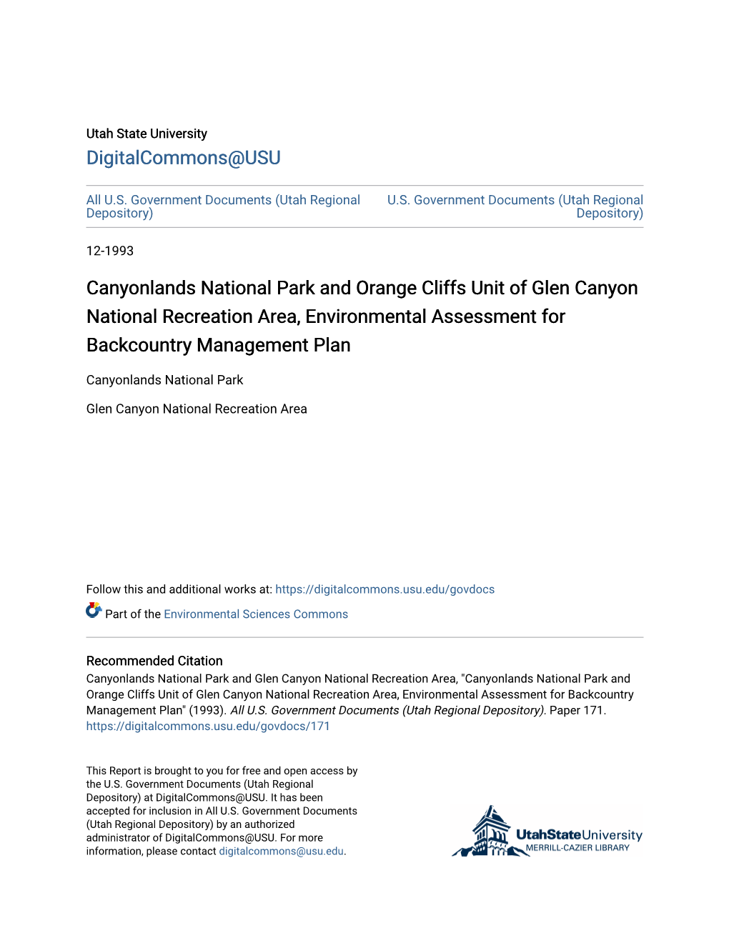 Canyonlands National Park and Orange Cliffs Unit of Glen Canyon National Recreation Area, Environmental Assessment for Backcountry Management Plan