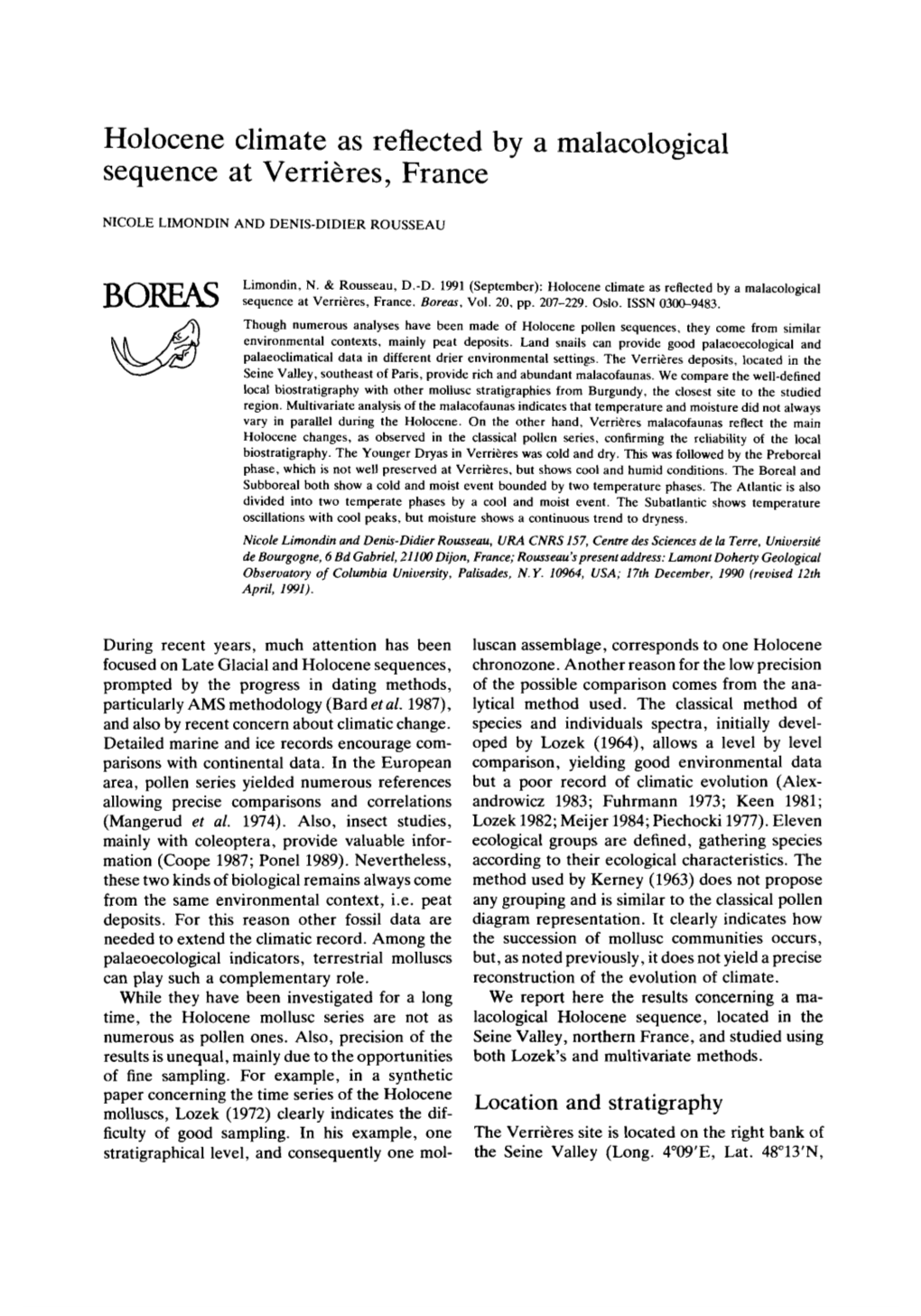 Holocene Climate As Reflected by a Malacological Sequence at Verri&Res,France