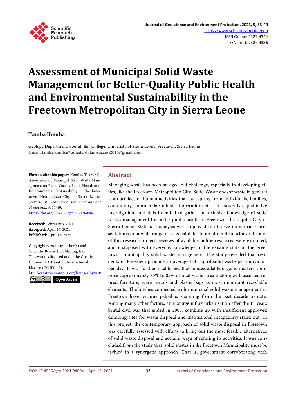 Assessment of Municipal Solid Waste Management for Better-Quality Public Health and Environmental Sustainability in the Freetown Metropolitan City in Sierra Leone