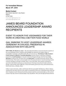 James Beard Foundation Announces Leadership Award Recipients