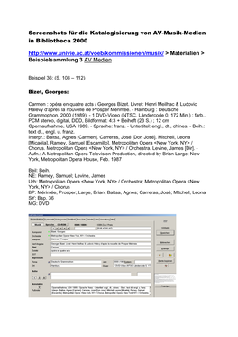 Screenshots Für Die Katalogisierung Von AV-Musik-Medien in Bibliotheca 2000 &G