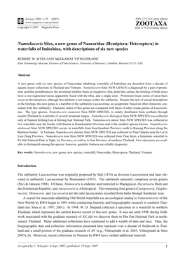 Zootaxa,Namtokocoris Sites, a New Genus of Naucoridae