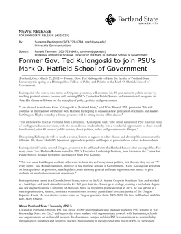 Former Gov. Ted Kulongoski to Join PSU's Mark O. Hatfield School of Government