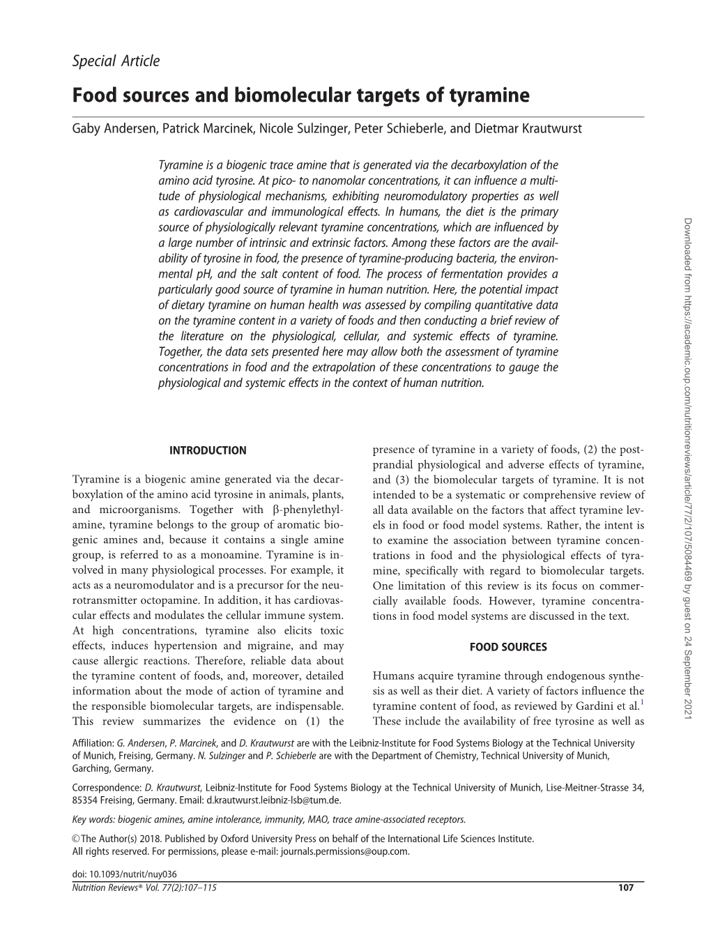 Food Sources and Biomolecular Targets of Tyramine