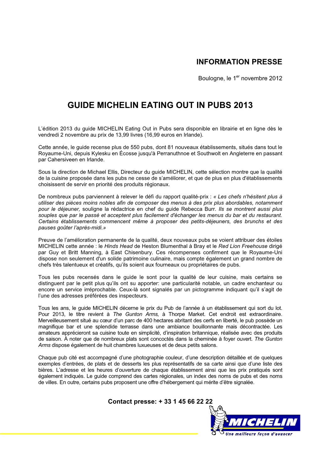 Guide Michelin Eating out in Pubs 2013