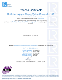Process Certificate Raiffeisen-Waren Ringe-Wielen-Georgsdorf Eg Raiffeisenstrasse 45, 49824 Ringen, Germany