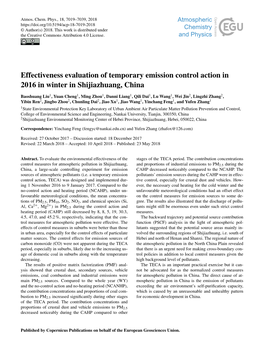 Effectiveness Evaluation of Temporary Emission Control Action in 2016 in Winter in Shijiazhuang, China