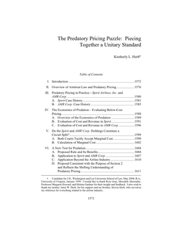 The Predatory Pricing Puzzle: Piecing Together a Unitary Standard