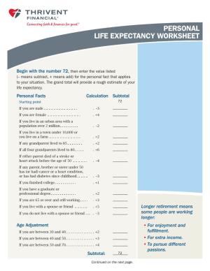 Personal Life Expectancy Worksheet