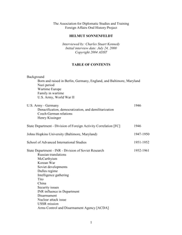 1 the Association for Diplomatic Studies and Training Foreign Affairs Oral History Project HELMUT SONNENFELDT Interviewed By: Ch