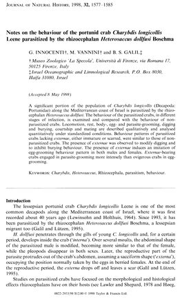 Notes on the Behaviour of the Portunid Crab Charybdis Longicollis Leene Parasitized by the Rhizocephalan Heteros&Ccas Dollfa
