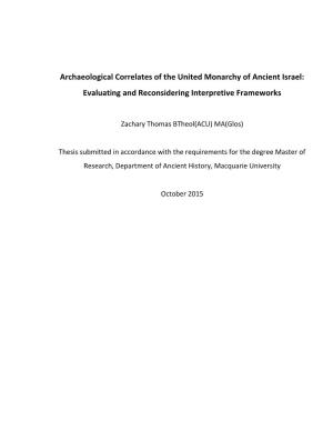 Archaeological Correlates of the United Monarchy of Ancient Israel: Evaluating and Reconsidering Interpretive Frameworks