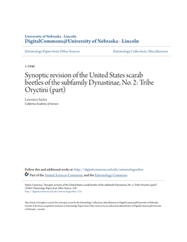 Synoptic Revision of the United States Scarab Beetles of the Subfamily Dynastinae, No. 2: Tribe Oryctini (Part) Lawrence Saylor California Academy of Sciences
