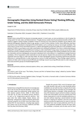 Demographic Disparities Using Ranked-Choice Voting? Ranking Difficulty, Under-Voting, and the 2020 Democratic Primary
