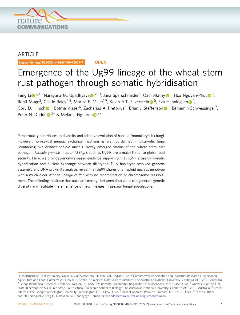 Emergence of the Ug99 Lineage of the Wheat Stem Rust Pathogen Through Somatic Hybridisation