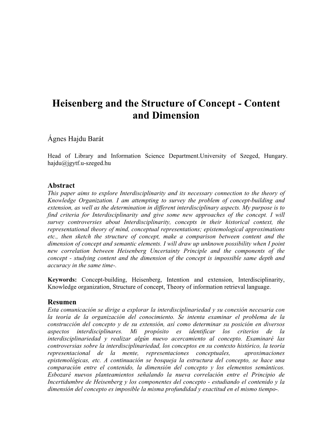 Heisenberg and the Structure of Concept - Content and Dimension