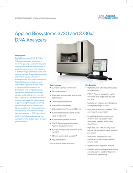 Applied Biosystems 3730 and 3730Xl DNA Analyzers