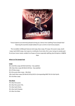Johnny Yono Uplifting Trance Sample Pack’ Featuring the Essential Sample Toolbox for Your Current Or Next Trance Projects
