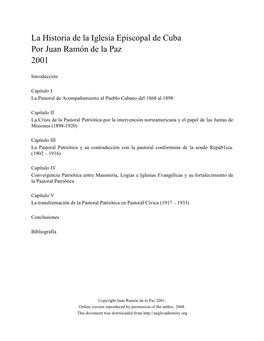 La Historia De La Iglesia Episcopal De Cuba Por Juan Ramón De La Paz 2001