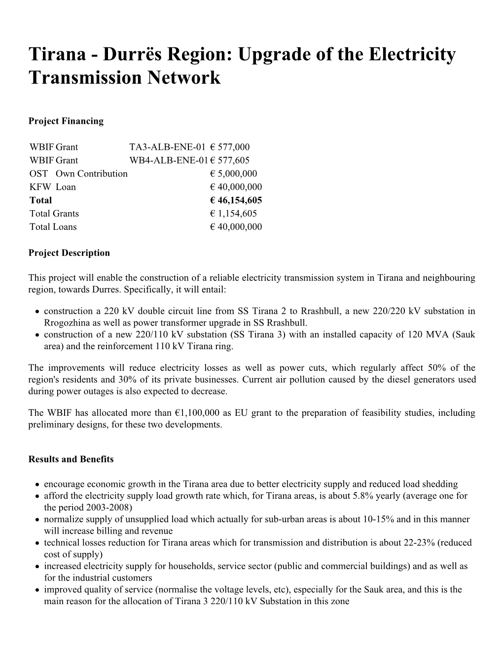 Tirana - Durrës Region: Upgrade of the Electricity Transmission Network