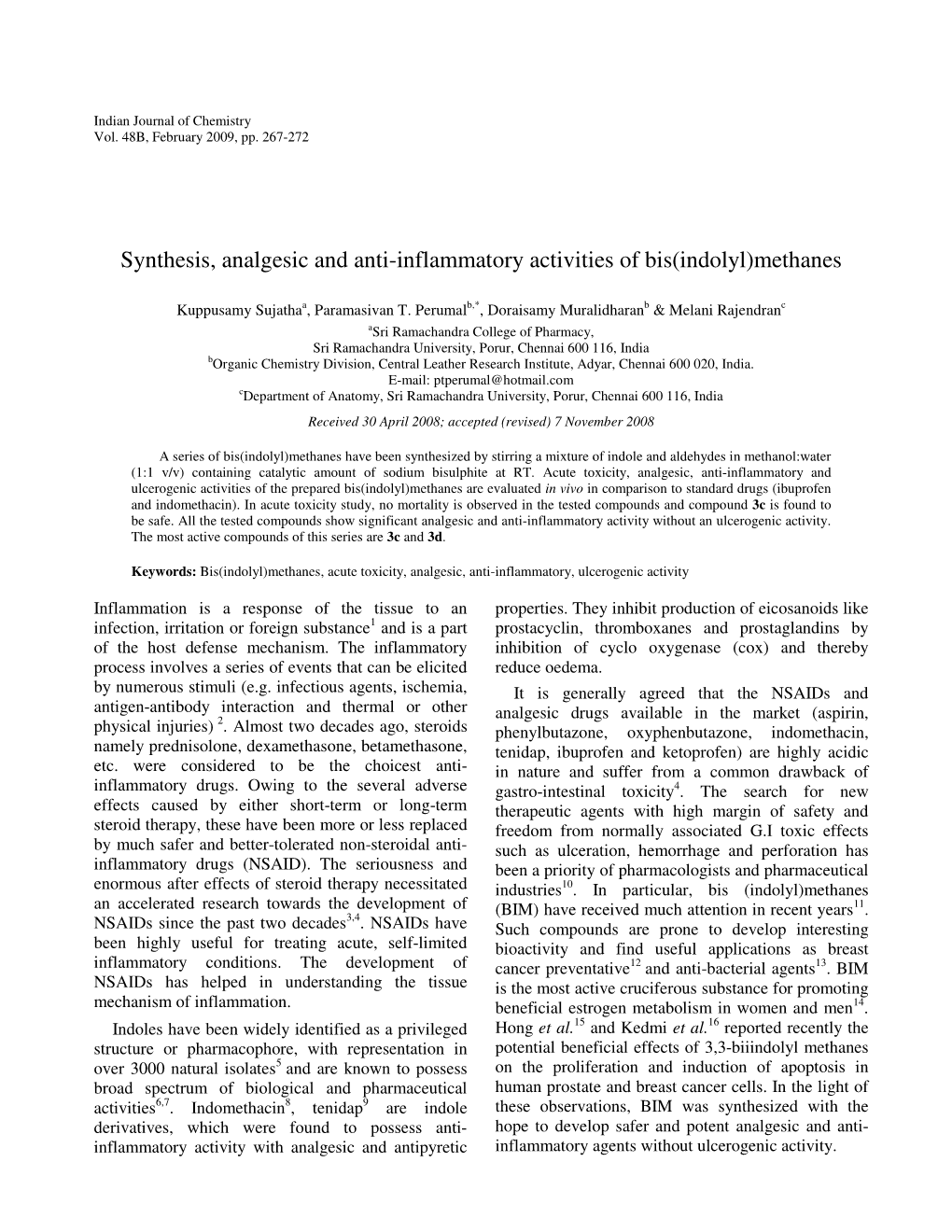 Synthesis, Analgesic and Anti-Inflammatory Activities of Bis(Indolyl)Methanes