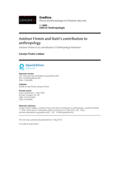 Gradhiva, 1 | 2005 Anténor Firmin and Haiti’S Contribution to Anthropology 2