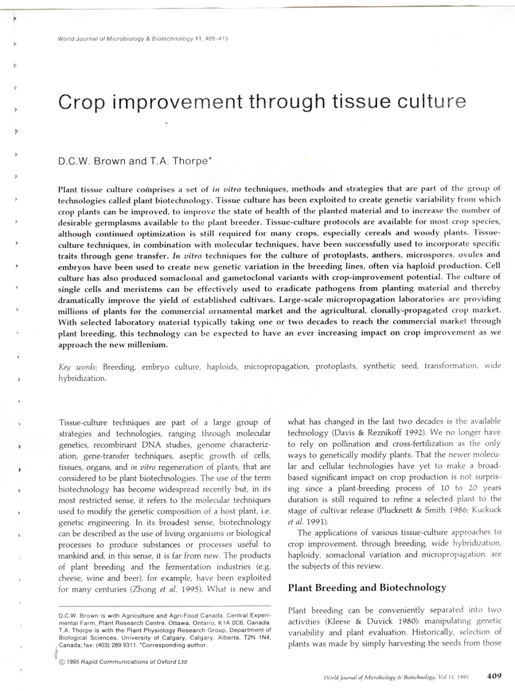 Crop Improvement Through Tissue Culture