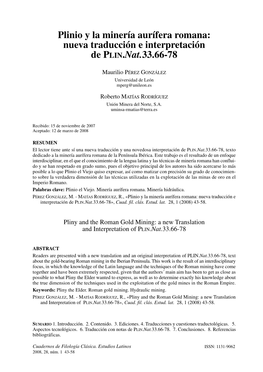 Plinio Y La Minería Aurífera Romana: Nueva Traducción E Interpretación De PLIN.Nat.33.66-78
