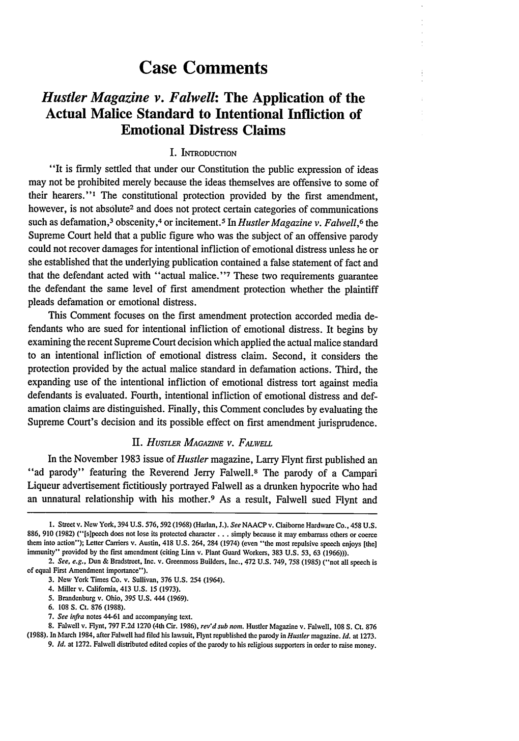 Hustler Magazine V. Falwell: the Application of the Actual Malice Standard to Intentional Infliction of Emotional Distress Claims