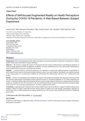 Effects of Self-Focused Augmented Reality on Health Perceptions During the COVID-19 Pandemic: a Web-Based Between-Subject Experiment
