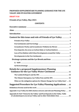 PROPOSED SUPPLEMENTARY PLANNING GUIDANCE for the LYE VALLEY and ITS WATER CATCHMENT DRAFT V10 Friends of Lye Valley, May 2021 CONTENTS
