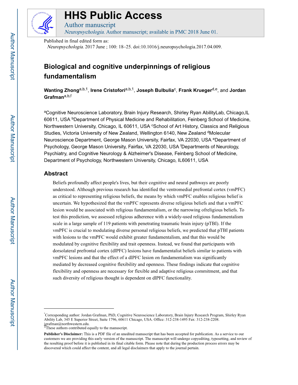 2017 Zhong Grafman Biological and Cognitive Underpinnings of Religious