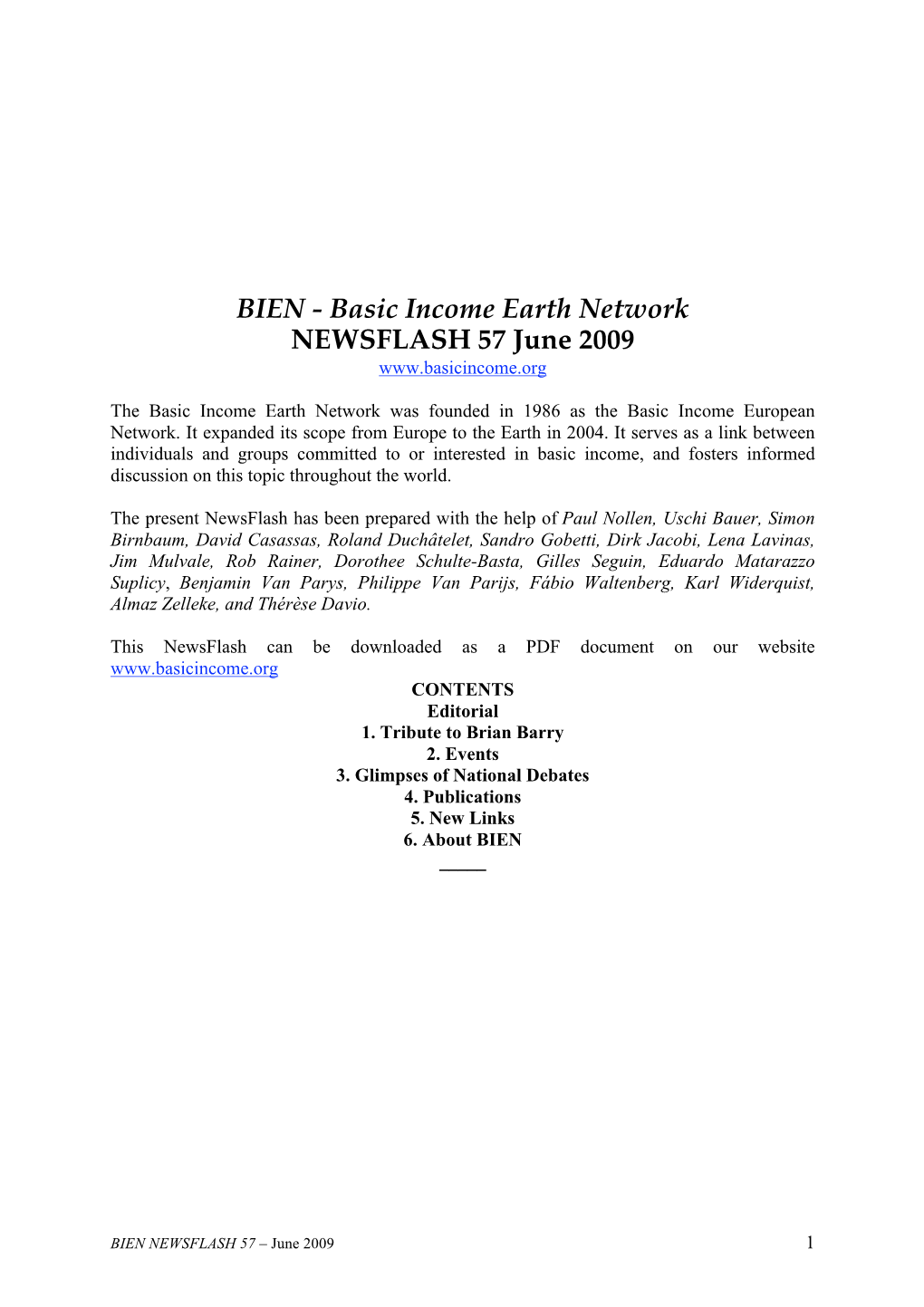 BIEN - Basic Income Earth Network NEWSFLASH 57 June 2009