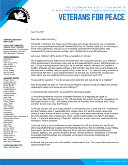 April 27, 2021 Dear Honorable John Kerry, on Behalf of Veterans For
