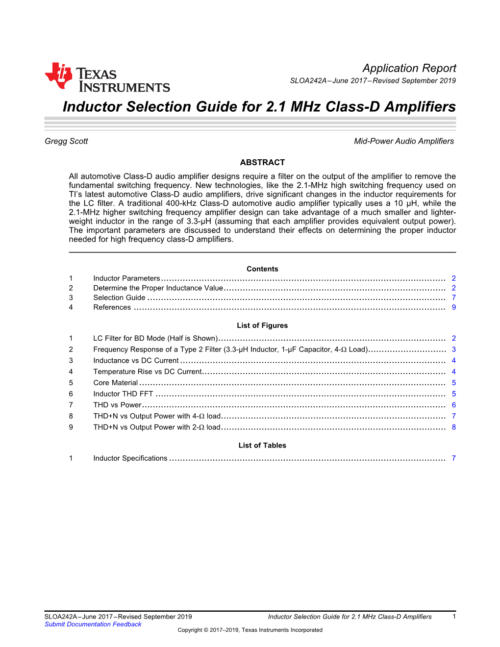 Inductor Selection Guide for 2.1 Mhz Class-D Amplifiers (Rev. A)