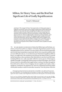 Milton, Sir Henry Vane, and the Brief but Significant Life of Godly Republicanism